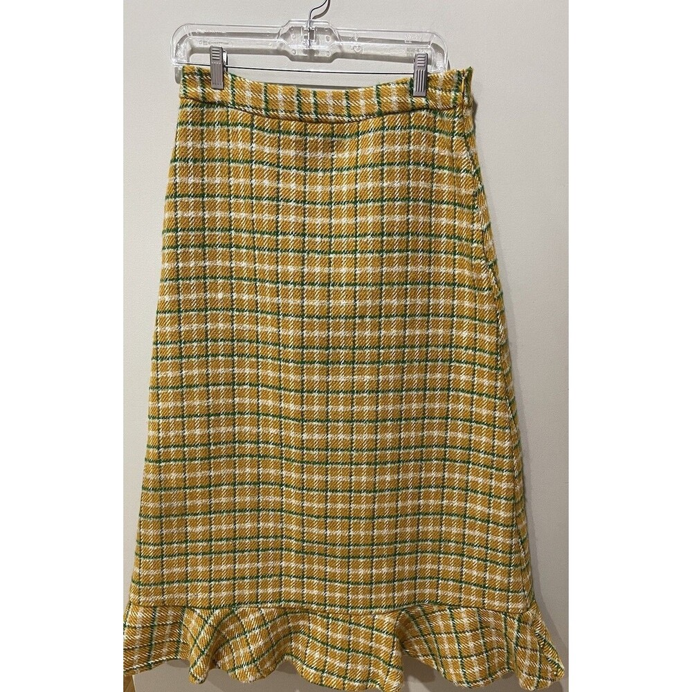 Anthropologie English Factory Midi Skirt Yellow Green Plaid Preppy Small New - Picture 2 of 15